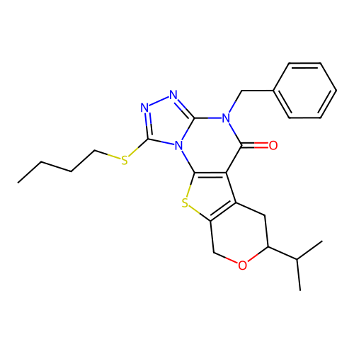 4-benzyl-1-(butylsulfanyl)-7-(propan-2-yl)-6,9-dihydro-7H-pyrano[4',3':4,5]thieno[3,2-e][1,2,4]triazolo[4,3-a]pyrimidin-5(4H)-one structure