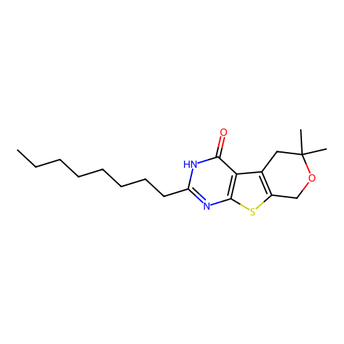 6,6-dimethyl-2-octyl-3,5,6,8-tetrahydro-4H-pyrano[4',3':4,5]thieno[2,3-d]pyrimidin-4-one structure