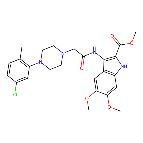methyl 3-({[4-(5-chloro-2-methylphenyl)piperazin-1-yl]acetyl}amino)-5,6-dimethoxy-1H-indole-2-carboxylate structure