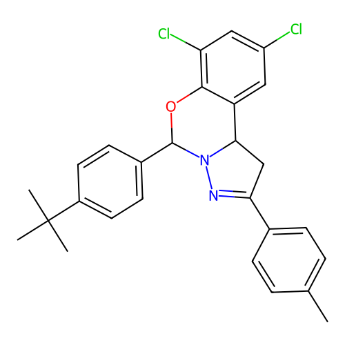 5-(4-(tert-butyl)phenyl)-7,9-dichloro-2-(p-tolyl)-5,10b-dihydro-1H-benzo[e]pyrazolo[1,5-c][1,3]oxazine structure