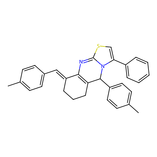 (9E)-5-(4-methylphenyl)-9-[(4-methylphenyl)methylidene]-3-phenyl-5,6,7,8-tetrahydro-[1,3]thiazolo[2,3-b]quinazoline structure