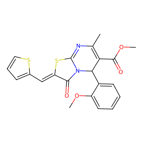 methyl (2Z)-5-(2-methoxyphenyl)-7-methyl-3-oxo-2-(thiophen-2-ylmethylidene)-5H-[1,3]thiazolo[3,2-a]pyrimidine-6-carboxylate structure