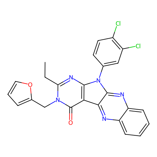 11-(3,4-dichlorophenyl)-2-ethyl-3-(furan-2-ylmethyl)-3,11-dihydro-4H-pyrimido[5',4':4,5]pyrrolo[2,3-b]quinoxalin-4-one structure