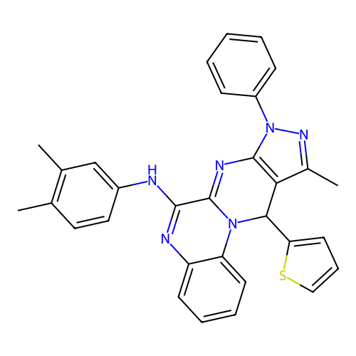 N-(3,4-dimethylphenyl)-10-methyl-8-phenyl-11-(thiophen-2-yl)-8,11-dihydropyrazolo[3',4':4,5]pyrimido[1,2-a]quinoxalin-6-amine structure