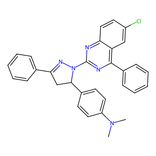 4-[1-(6-chloro-4-phenylquinazolin-2-yl)-3-phenyl-4,5-dihydro-1H-pyrazol-5-yl]-N,N-dimethylaniline structure