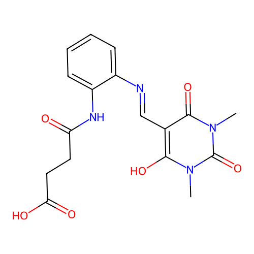 4-((2-(((1,3-dimethyl-2,4,6-trioxotetrahydropyrimidin-5(2H)-ylidene)methyl)amino)phenyl)amino)-4-oxobutanoic acid structure