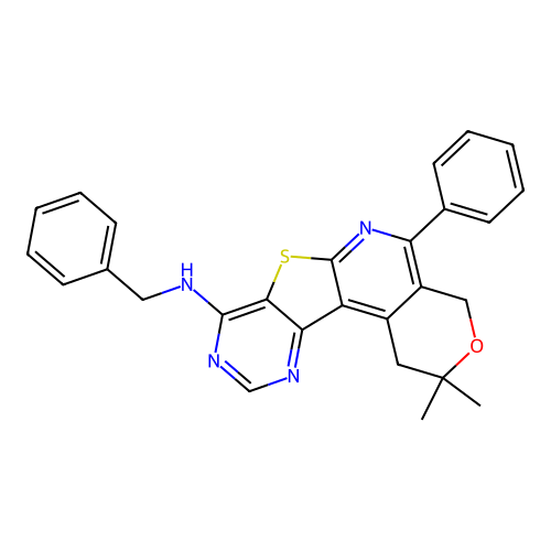 N-benzyl-2,2-dimethyl-5-phenyl-2,4-dihydro-1H-pyrano[4'',3'':4',5']pyrido[3',2':4,5]thieno[3,2-d]pyrimidin-8-amine structure
