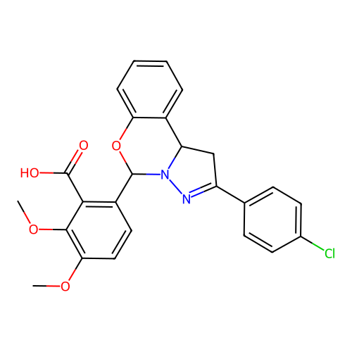 6-[2-(4-chlorophenyl)-1,10b-dihydropyrazolo[1,5-c][1,3]benzoxazin-5-yl]-2,3-dimethoxybenzoic acid structure