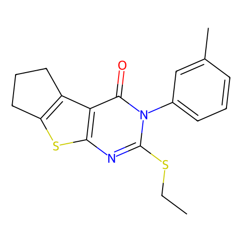 2-(ethylsulfanyl)-3-(3-methylphenyl)-3,5,6,7-tetrahydro-4H-cyclopenta[4,5]thieno[2,3-d]pyrimidin-4-one structure
