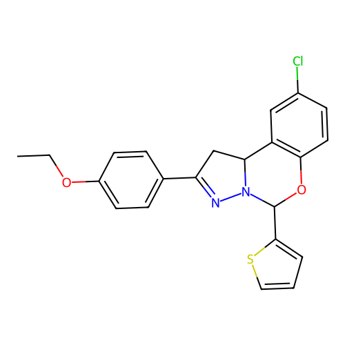 9-chloro-2-(4-ethoxyphenyl)-5-(thiophen-2-yl)-1,10b-dihydropyrazolo[1,5-c][1,3]benzoxazine structure
