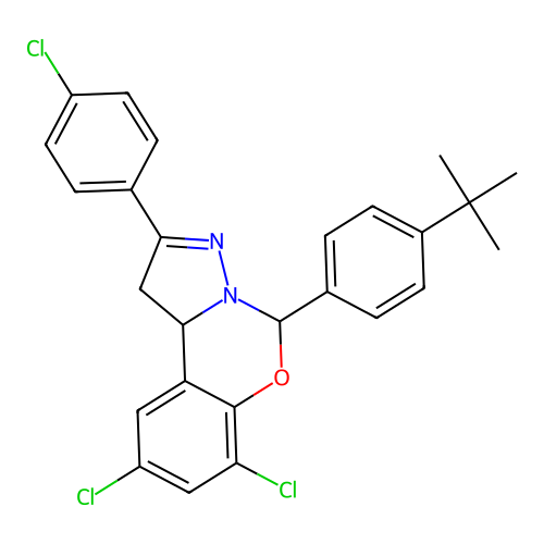 5-(4-(tert-butyl)phenyl)-7,9-dichloro-2-(4-chlorophenyl)-5,10b-dihydro-1H-benzo[e]pyrazolo[1,5-c][1,3]oxazine structure