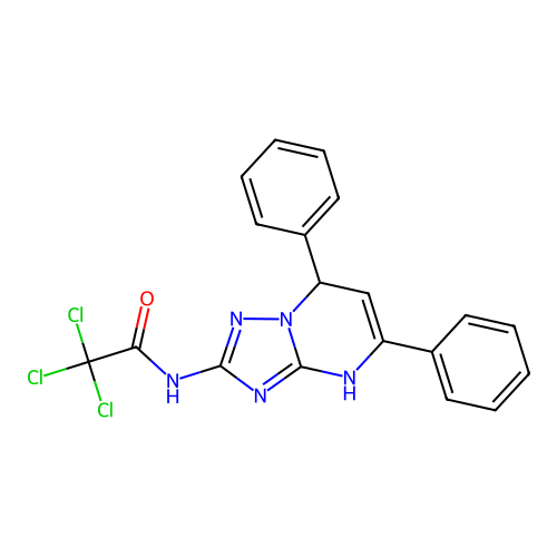2,2,2-trichloro-N-(2,4-diphenyl-1,5,7,9-tetrazabicyclo[4.3.0]nona-3,5,7-trien-8-yl)acetamide structure