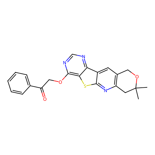 2-((8,8-dimethyl-8,10-dihydro-7H-pyrano[3'',4'':5',6']pyrido[3',2':4,5]thieno[3,2-d]pyrimidin-4-yl)oxy)-1-phenylethanone structure