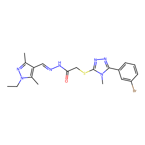 (E)-2-((5-(3-bromophenyl)-4-methyl-4H-1,2,4-triazol-3-yl)thio)-N'-((1-ethyl-3,5-dimethyl-1H-pyrazol-4-yl)methylene)acetohydrazide structure