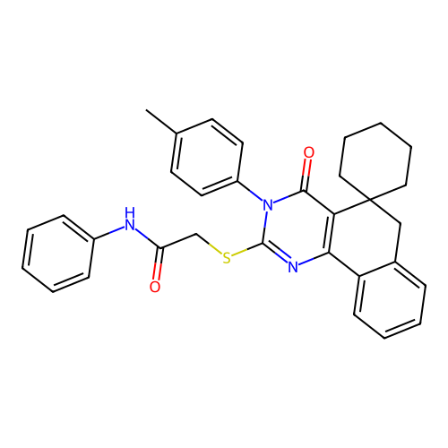 2-((4-oxo-3-(p-tolyl)-4,6-dihydro-3H-spiro[benzo[h]quinazoline-5,1'-cyclohexan]-2-yl)thio)-N-phenylacetamide structure