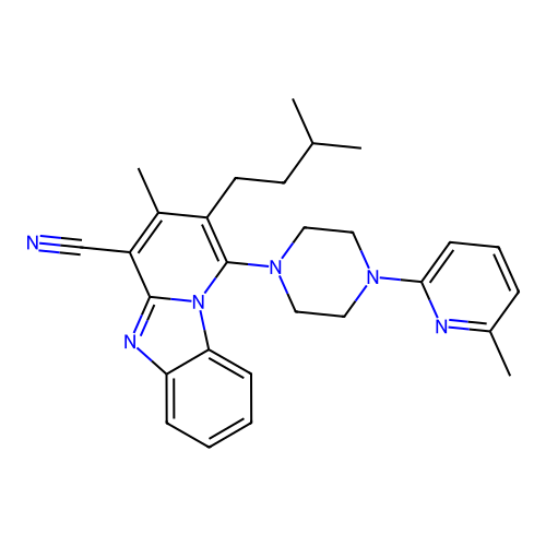 3-methyl-2-(3-methylbutyl)-1-[4-(6-methylpyridin-2-yl)piperazin-1-yl]pyrido[1,2-a]benzimidazole-4-carbonitrile structure