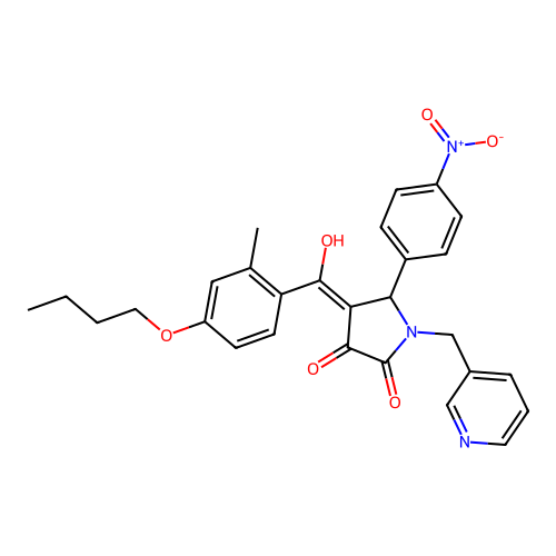 (4E)-4-[(4-butoxy-2-methylphenyl)-hydroxymethylidene]-5-(4-nitrophenyl)-1-(pyridin-3-ylmethyl)pyrrolidine-2,3-dione structure