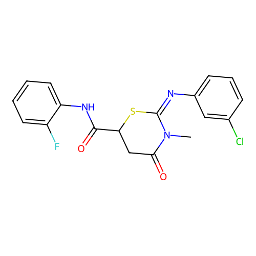 (2Z)-2-[(3-chlorophenyl)imino]-N-(2-fluorophenyl)-3-methyl-4-oxo-1,3-thiazinane-6-carboxamide structure