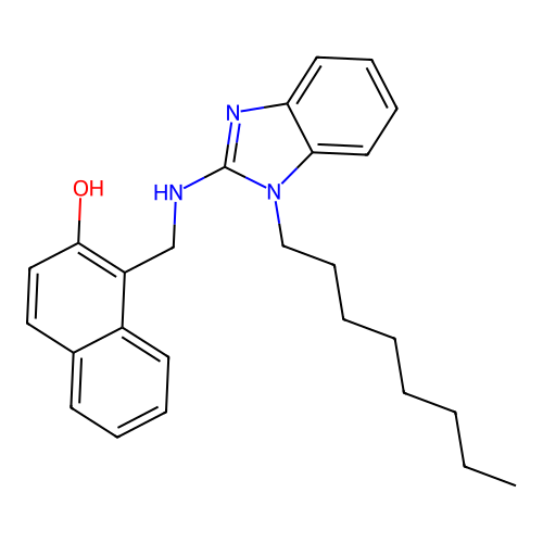 1-(((1-octyl-1H-benzo[d]imidazol-2-yl)amino)methyl)naphthalen-2-ol structure