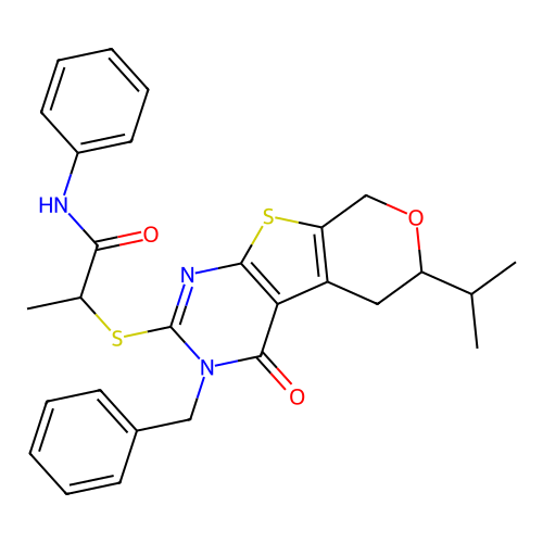 2-((3-benzyl-6-isopropyl-4-oxo-4,5,6,8-tetrahydro-3H-pyrano[4',3':4,5]thieno[2,3-d]pyrimidin-2-yl)thio)-N-phenylpropanamide structure