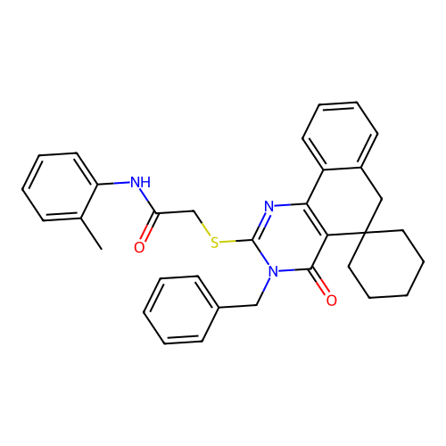 2-((3-benzyl-4-oxo-4,6-dihydro-3H-spiro[benzo[h]quinazoline-5,1'-cyclohexan]-2-yl)thio)-N-(o-tolyl)acetamide structure