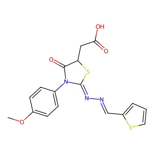 {(2Z)-3-(4-methoxyphenyl)-4-oxo-2-[(2E)-(thiophen-2-ylmethylidene)hydrazinylidene]-1,3-thiazolidin-5-yl}acetic acid structure