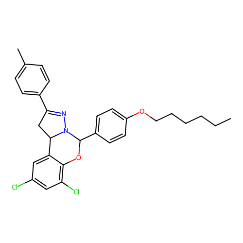 1-[2,4-dichloro-9-(4-methylphenyl)(6H,10aH-benzo[e]2-pyrazolino[1,5-c]1,3-oxaz in-6-yl)]-4-hexyloxybenzene structure