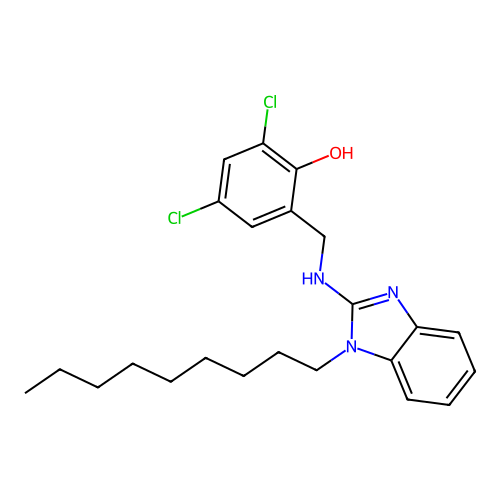 2,4-dichloro-6-(((1-nonyl-1H-benzo[d]imidazol-2-yl)amino)methyl)phenol structure