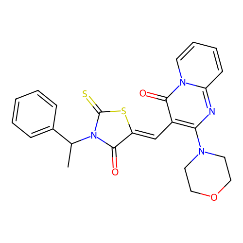 2-(morpholin-4-yl)-3-{(Z)-[4-oxo-3-(1-phenylethyl)-2-thioxo-1,3-thiazolidin-5-ylidene]methyl}-4H-pyrido[1,2-a]pyrimidin-4-one structure