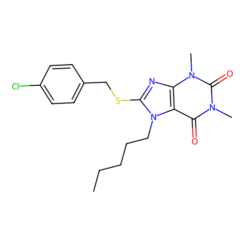 8-[(4-chlorophenyl)methylsulfanyl]-1,3-dimethyl-7-pentylpurine-2,6-dione structure