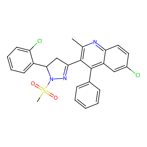 6-chloro-3-[5-(2-chlorophenyl)-1-(methylsulfonyl)-4,5-dihydro-1H-pyrazol-3-yl]-2-methyl-4-phenylquinoline structure