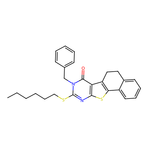 8-benzyl-9-(hexylthio)-5,6-dihydronaphtho[2',1':4,5]thieno[2,3-d]pyrimidin-7(8H)-one structure