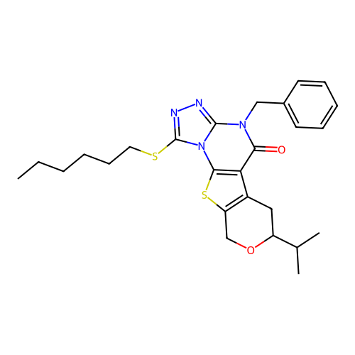 4-benzyl-1-(hexylsulfanyl)-7-(propan-2-yl)-6,9-dihydro-7H-pyrano[4',3':4,5]thieno[3,2-e][1,2,4]triazolo[4,3-a]pyrimidin-5(4H)-one structure