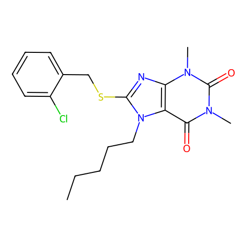8-[(2-chlorophenyl)methylsulfanyl]-1,3-dimethyl-7-pentylpurine-2,6-dione structure