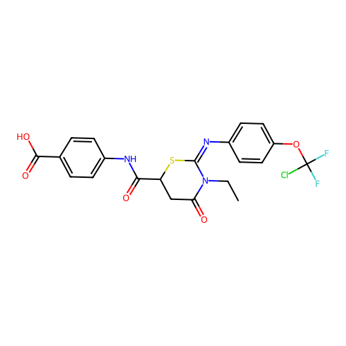 (Z)-4-(2-((4-(chlorodifluoromethoxy)phenyl)imino)-3-ethyl-4-oxo-1,3-thiazinane-6-carboxamido)benzoic acid structure