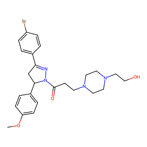 1-(3-(4-bromophenyl)-5-(4-methoxyphenyl)-4,5-dihydro-1H-pyrazol-1-yl)-3-(4-(2-hydroxyethyl)piperazin-1-yl)propan-1-one structure