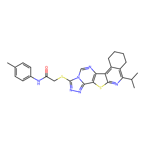 2-((11-isopropyl-7,8,9,10-tetrahydro-[1,2,4]triazolo[4'',3'':1',6']pyrimido[4',5':4,5]thieno[2,3-c]isoquinolin-3-yl)thio)-N-(p-tolyl)acetamide structure