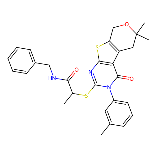 N-benzyl-2-((6,6-dimethyl-4-oxo-3-(m-tolyl)-4,5,6,8-tetrahydro-3H-pyrano[4',3':4,5]thieno[2,3-d]pyrimidin-2-yl)thio)propanamide structure