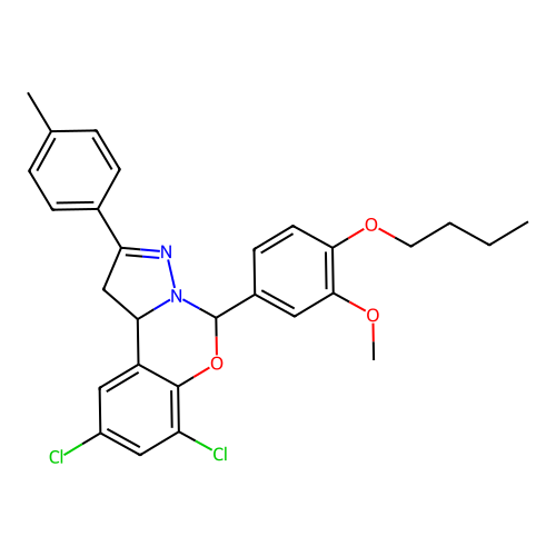 4-[2,4-dichloro-9-(4-methylphenyl)(6H,10aH-benzo[e]2-pyrazolino[1,5-c]1,3-oxaz in-6-yl)]-1-butoxy-2-methoxybenzene structure
