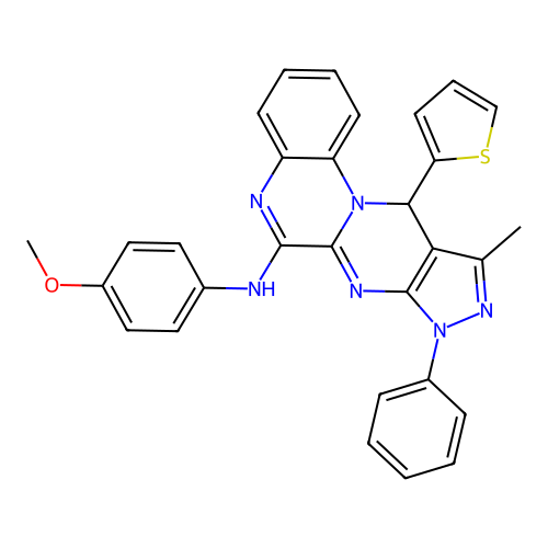 N-(4-methoxyphenyl)-10-methyl-8-phenyl-11-(thiophen-2-yl)-8,11-dihydropyrazolo[3',4':4,5]pyrimido[1,2-a]quinoxalin-6-amine structure