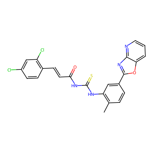 (2E)-3-(2,4-dichlorophenyl)-N-{[2-methyl-5-([1,3]oxazolo[4,5-b]pyridin-2-yl)phenyl]carbamothioyl}prop-2-enamide structure