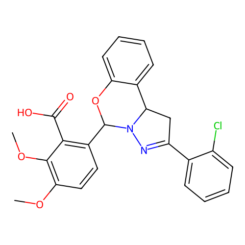 6-[2-(2-chlorophenyl)-1,10b-dihydropyrazolo[1,5-c][1,3]benzoxazin-5-yl]-2,3-dimethoxybenzoic acid structure