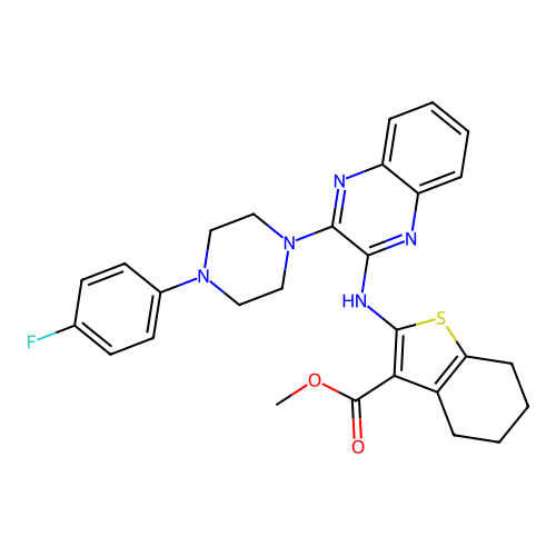 methyl 2-((3-(4-(4-fluorophenyl)piperazin-1-yl)quinoxalin-2-yl)amino)-4,5,6,7-tetrahydrobenzo[b]thiophene-3-carboxylate structure