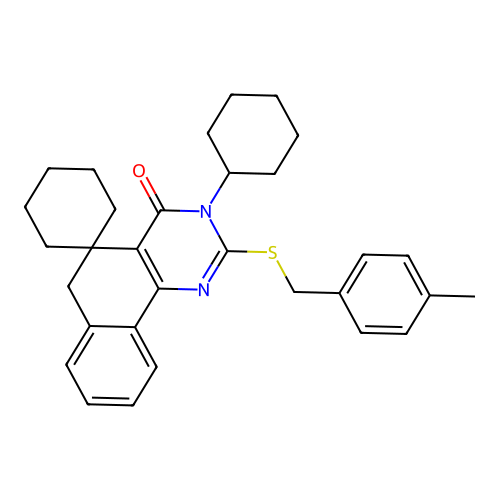 3-cyclohexyl-2-((4-methylbenzyl)thio)-3H-spiro[benzo[h]quinazoline-5,1'-cyclohexan]-4(6H)-one structure