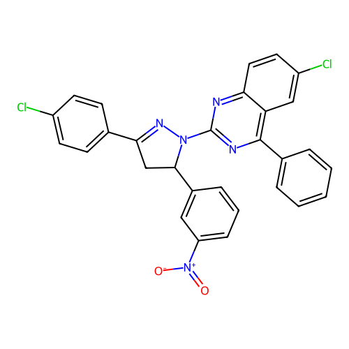 6-chloro-2-(3-(4-chlorophenyl)-5-(3-nitrophenyl)-4,5-dihydro-1H-pyrazol-1-yl)-4-phenylquinazoline structure