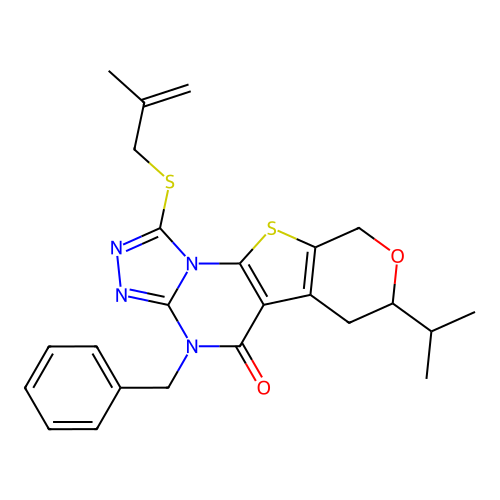 4-benzyl-1-[(2-methylprop-2-en-1-yl)sulfanyl]-7-(propan-2-yl)-6,9-dihydro-7H-pyrano[4',3':4,5]thieno[3,2-e][1,2,4]triazolo[4,3-a]pyrimidin-5(4H)-one structure
