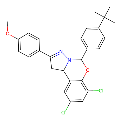 5-(4-(tert-butyl)phenyl)-7,9-dichloro-2-(4-methoxyphenyl)-5,10b-dihydro-1H-benzo[e]pyrazolo[1,5-c][1,3]oxazine structure