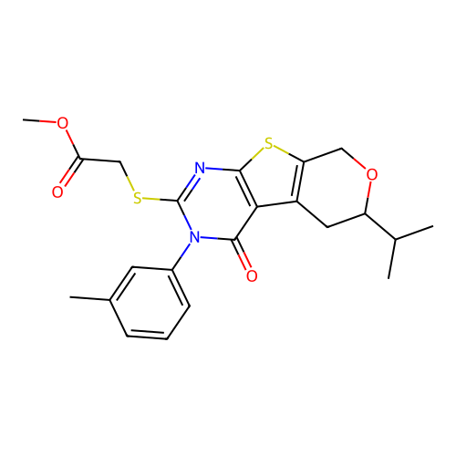 methyl {[3-(3-methylphenyl)-4-oxo-6-(propan-2-yl)-3,5,6,8-tetrahydro-4H-pyrano[4',3':4,5]thieno[2,3-d]pyrimidin-2-yl]sulfanyl}acetate structure
