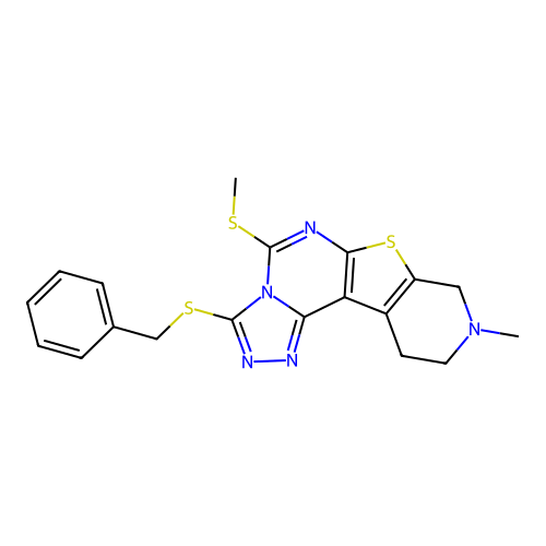 3-(benzylsulfanyl)-9-methyl-5-(methylsulfanyl)-8,9,10,11-tetrahydropyrido[4',3':4,5]thieno[3,2-e][1,2,4]triazolo[4,3-c]pyrimidine structure