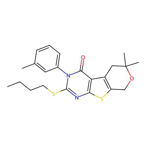 2-(butylsulfanyl)-6,6-dimethyl-3-(3-methylphenyl)-3,5,6,8-tetrahydro-4H-pyrano[4',3':4,5]thieno[2,3-d]pyrimidin-4-one structure